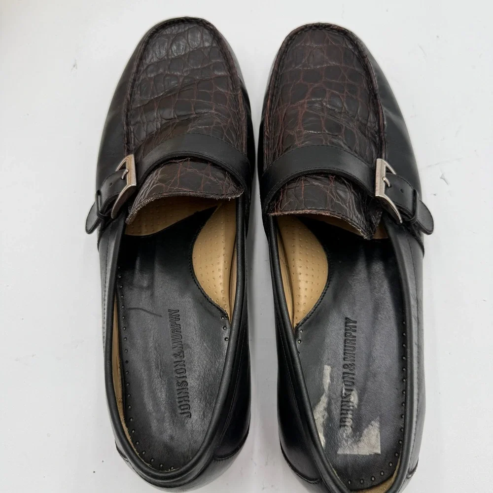 Johnston & Murphy Loafers Monk Strap Crocodile Embossed Black Brown Mens 10W